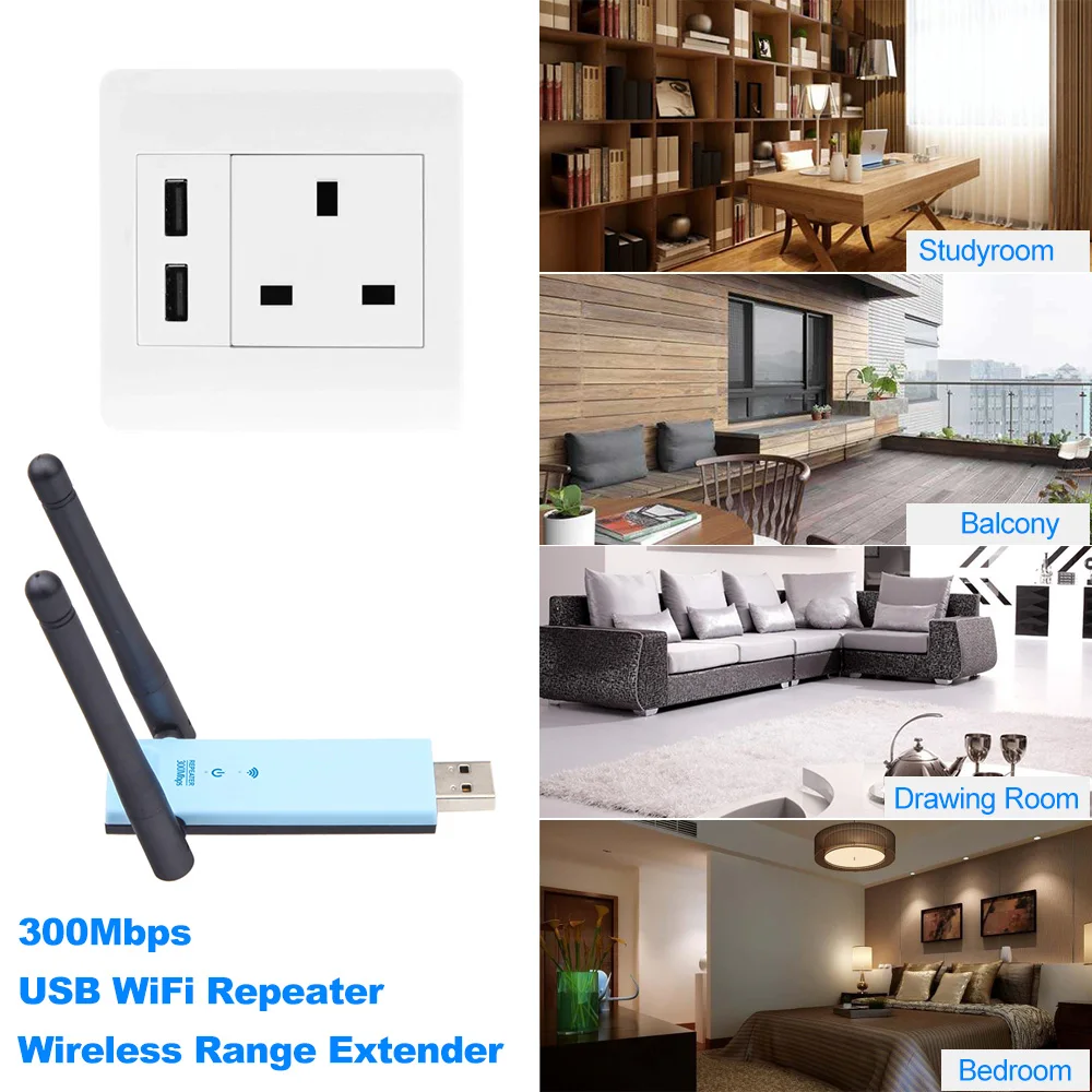 Беспроводной удлинитель сигнала 300 Мбит/с USB Wi Fi усилитель две антенны синий с