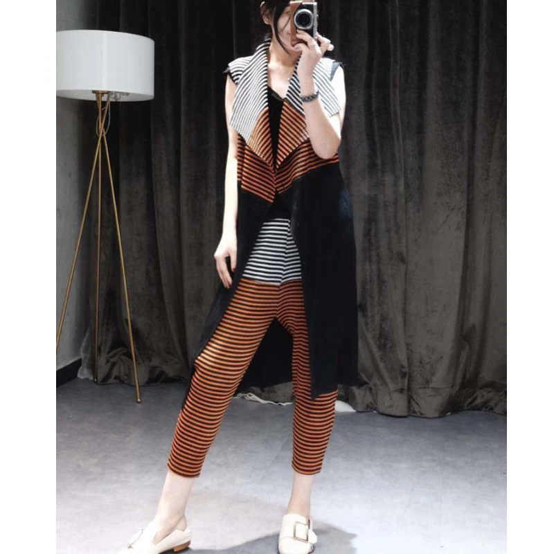 Changpleat летние новые полосатые женские комплекты Mityak плиссированные модные пальто без рукавов и брюки с эластичной талией женские костюмы
