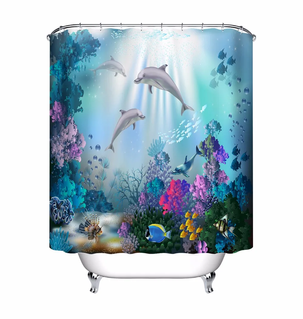 

Dolphins And Corals Shower Curtain Underwater World Bathroom Waterproof Mildew Resistant Polyester Fabric for Kids Bathtub Decor