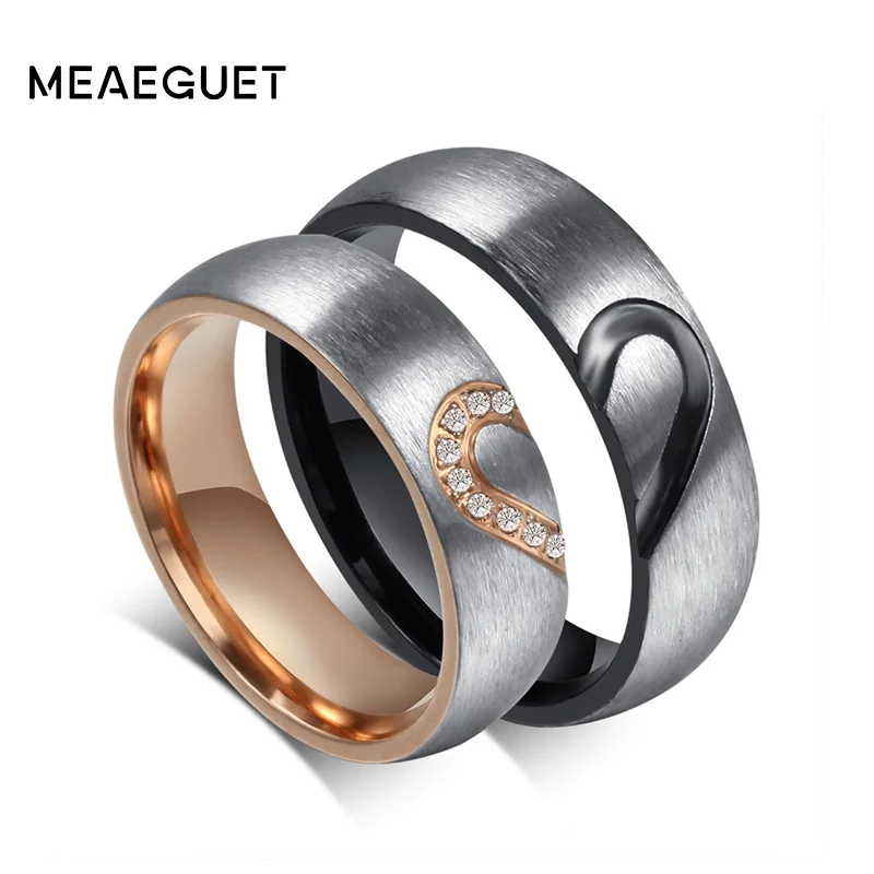 Meaeguet модное Сердце Обручальные кольца для женщин и мужчин нержавеющая сталь Розовое золото и черный 6 мм широкий пара обручальные кольца