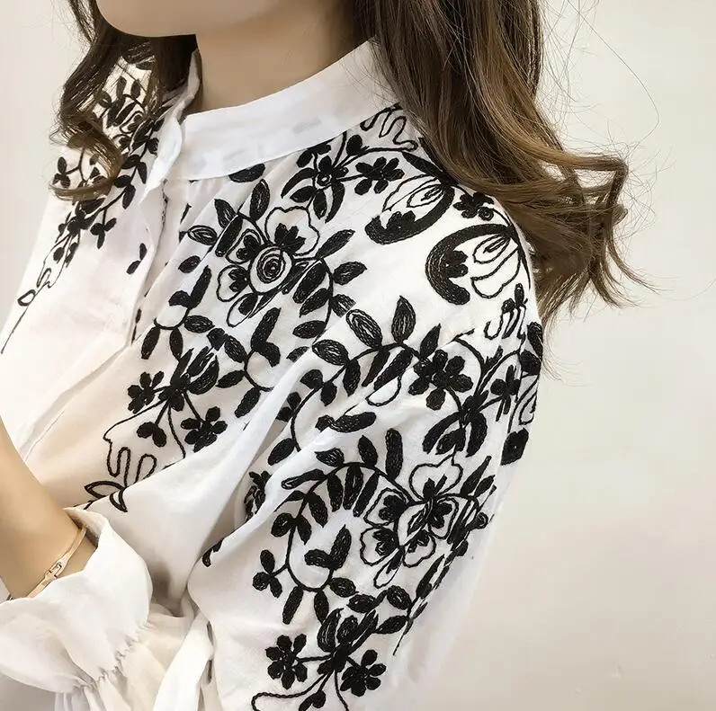 Блузка с вышивкой хлопковое нижнее белье женская блузка camisas femininas белые черные