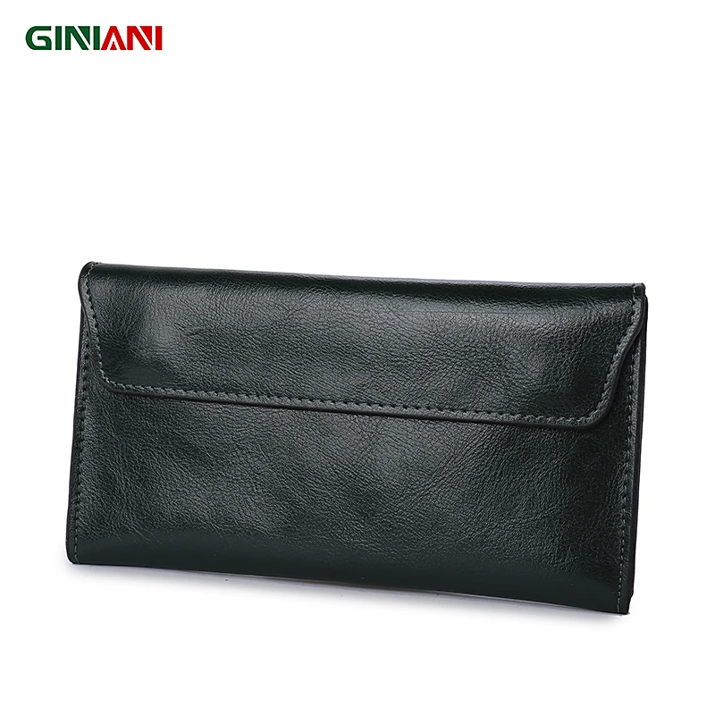 

GINIANI Genuine Leather Women's Ultrathin Vintage Long Wallet Unisex Basic Retro Solid Color Clutch with detachable card holder