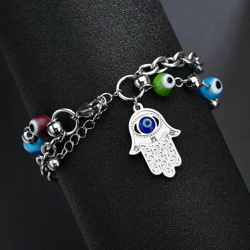 Двухслойный турецкий браслет Hamsa из нержавеющей стали YUKAM на удачу с изображением