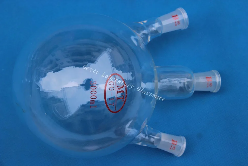 Колба с тремя горлышками и круглым дном 3000 мл (3 л) соединением 24/40 для тяжелых стен