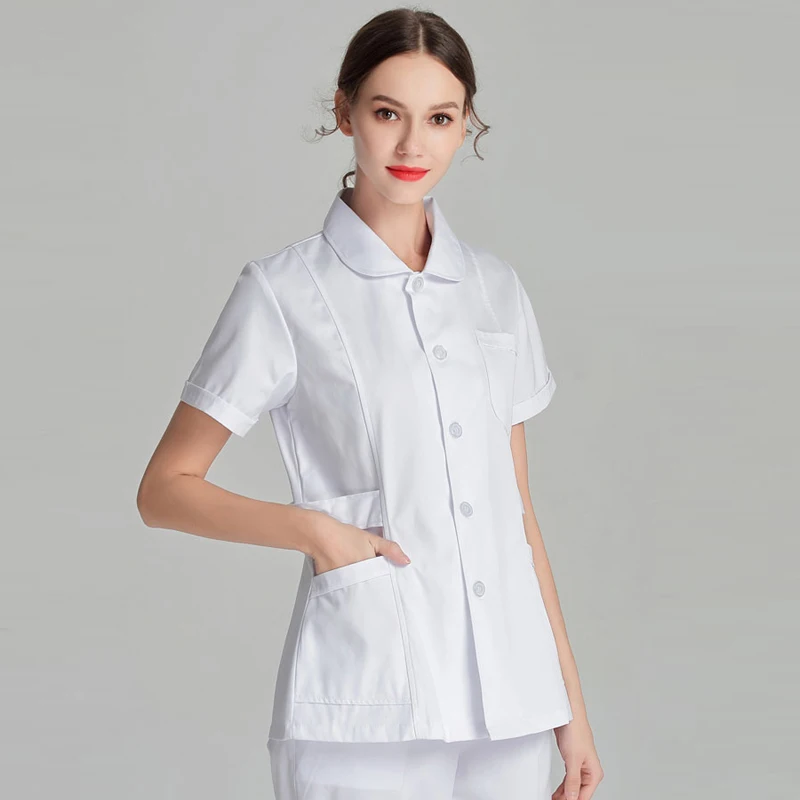 white short sleeve Женская спецодежда Питер Пэн воротник пальто регулируемая талия с двумя боковыми ремнями Slim Fit медицинская куртка(просто топ - Color: white short sleeve