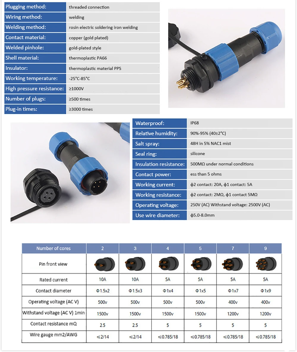 SP17 IP68 Водонепроницаемые соединители круглая розетка 2Pin 3Pin 4Pin 5Pin 7Pin 9Pin