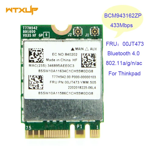 BCM943162ZP 802.11AC WLAN Card беспроводная сетевая карта 2,4 г 5G 433M Wifi + Bluetooth 4,0 NGFF 00JT473 для Lenovo G50-30 45 70 70 м Z50-70-75 E455 E555