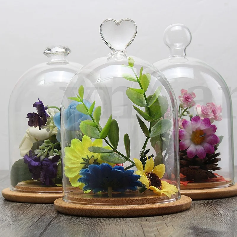 Стеклянный дисплей колокольчик фотолампа неувядающее хранилище с деревянной