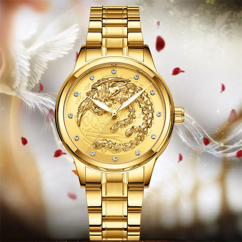 

FNGEEN Couple Watch Men Dragon Women Phoenix Watches Top Luxury Brand Quartz Gold Clock Waterproof Stainless Stee Luminous Male
