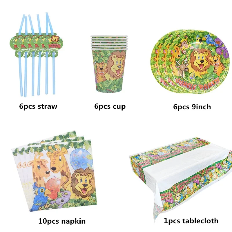 29pcs set Джунгли день рождения одноразовые столовые приборы Джунгли животных одноразовые тарелки/чашки/салфетки сафари джунгли вечерние украшения принадлежности - Color: 29pcs set