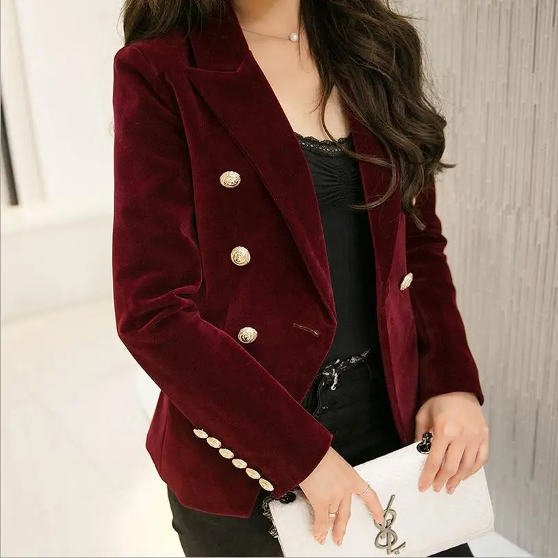 

Осенний женский корейский тонкий бархатный костюм для отдыха однотонный двубортный пиджак офисный деловой маленький костюм куртка
