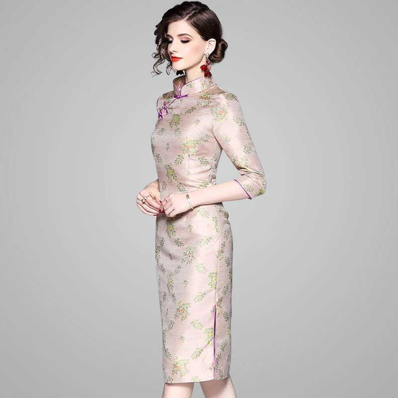 2018 осеннее винтажное китайское платье Qipao абрикосовое цветочное женское