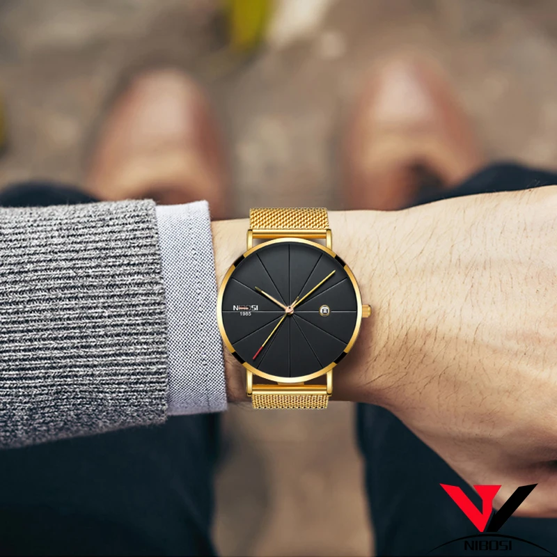 Relogios NIBOSI Masculino тонкие часы для мужчин люксовый бренд сетчатый ремешок