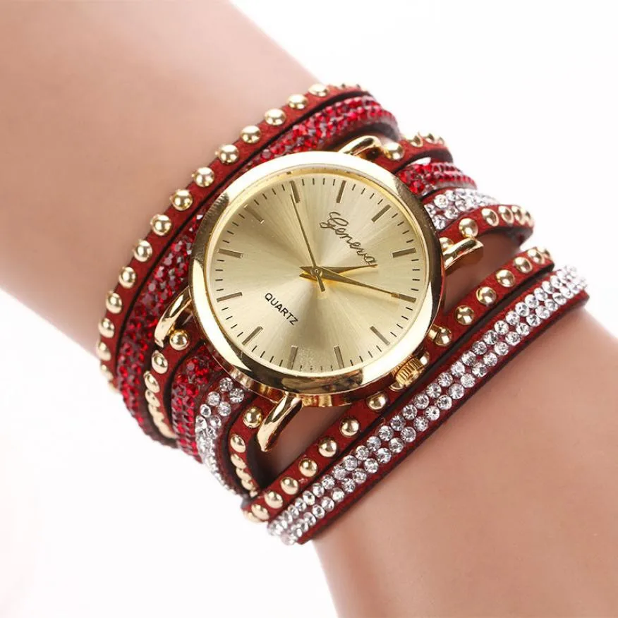 

Timezone#501 Women Crystal Rivet Bracelet Quartz Braided Winding Wrap WristWatch