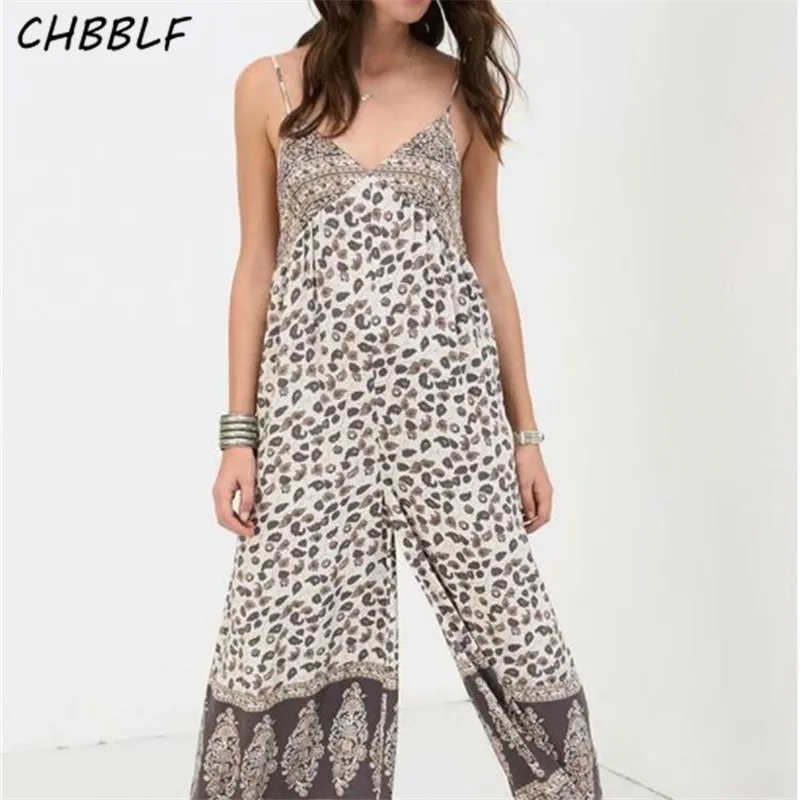 

CHBBLF women chic print long jumpsuits backless retro rompers adjustable strap sleeveless V neck playsuit WDD60126