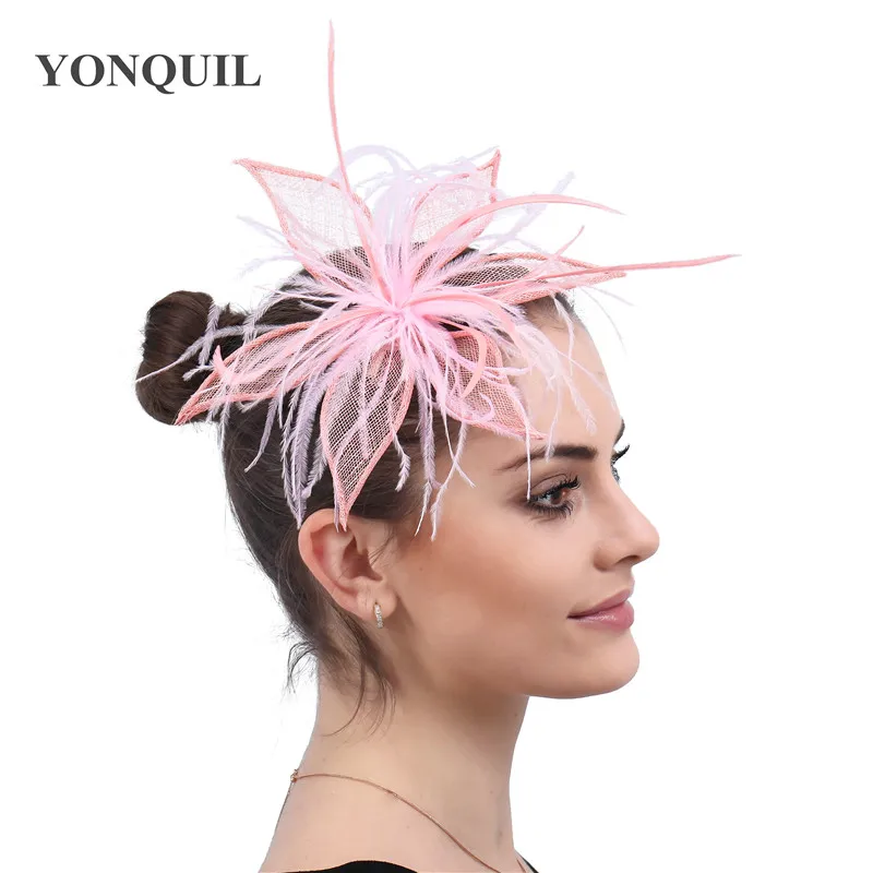 

New Fashion Sinamy Feathers Fascinator Hat Headbands Pink Headwear Women Ladies Elegant Party Show Hair Accessories Headdress