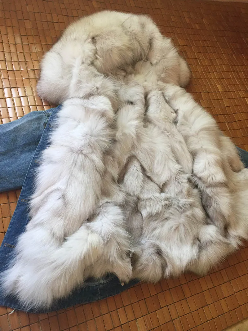 Меховое пальто для женщин, большие размеры, Корейская одежда, парка, Лисий мех, подкладка из натурального меха енота, джинсовая куртка, Толстая теплая верхняя одежда