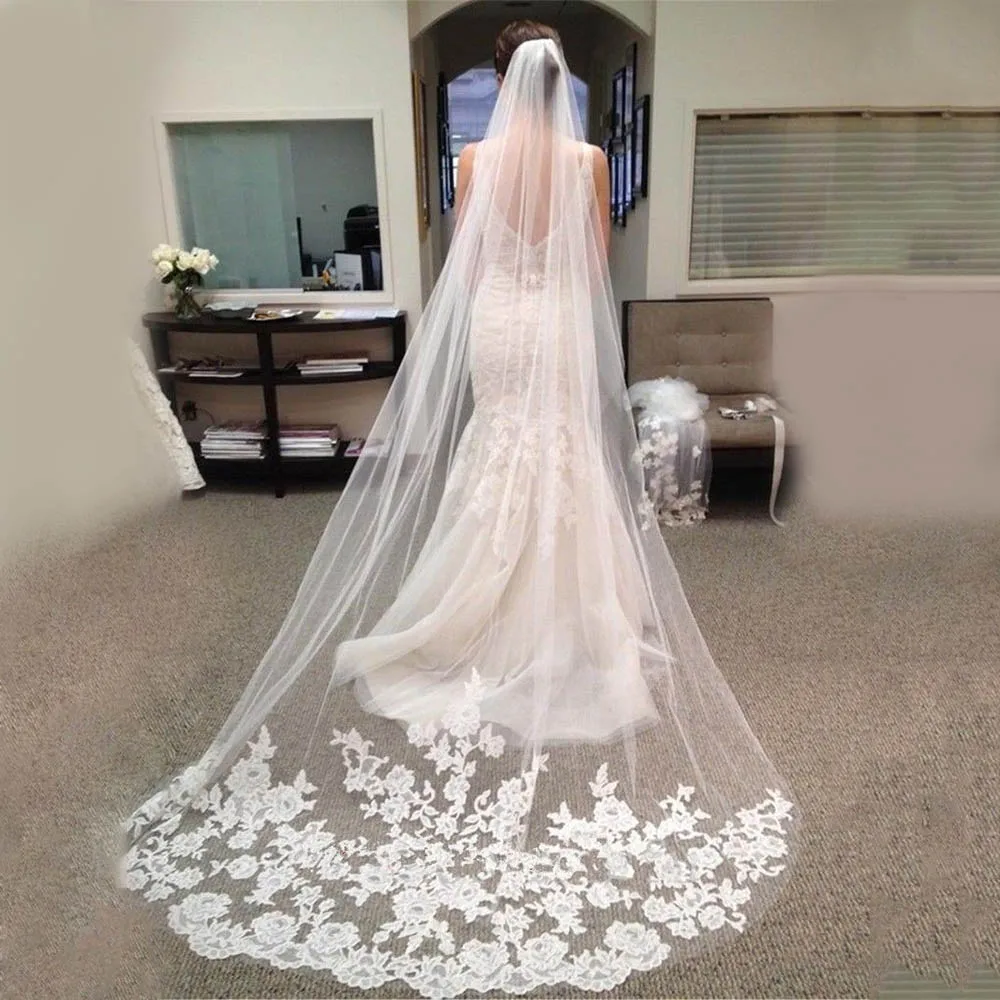 

Фата свадебная Однослойная длиной 3 м, элегантная кружевная белая с аппликацией, свадебный аксессуар, 2018