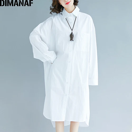 DIMANAF, женская блузка, длинная рубашка, хлопок, осень, для женщин, для офиса, для девушек, большая, летучая мышь, базовая одежда, свободная, размера плюс, Vestidos, кардиган - Цвет: Han45CN-white