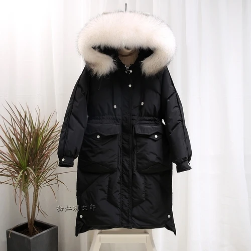Black-white fur AYUNSUE пуховик для женщин с капюшоном длинное зимнее пальто для женщин большой воротник из меха енота корейское теплое пальто женские куртки KJ2551 - Цвет: Black-white fur