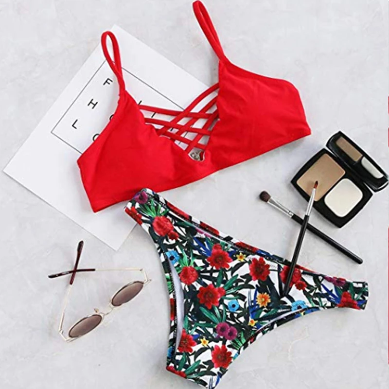 Женский раздельный купальник красное бикини на бретельках в европейском и