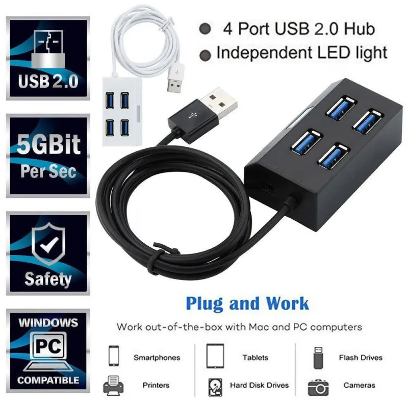 Protable High Speed 4 Ports USB 2.0 Hub Adapter PC Accessory For Windows Mac os Linux | Компьютеры и офис
