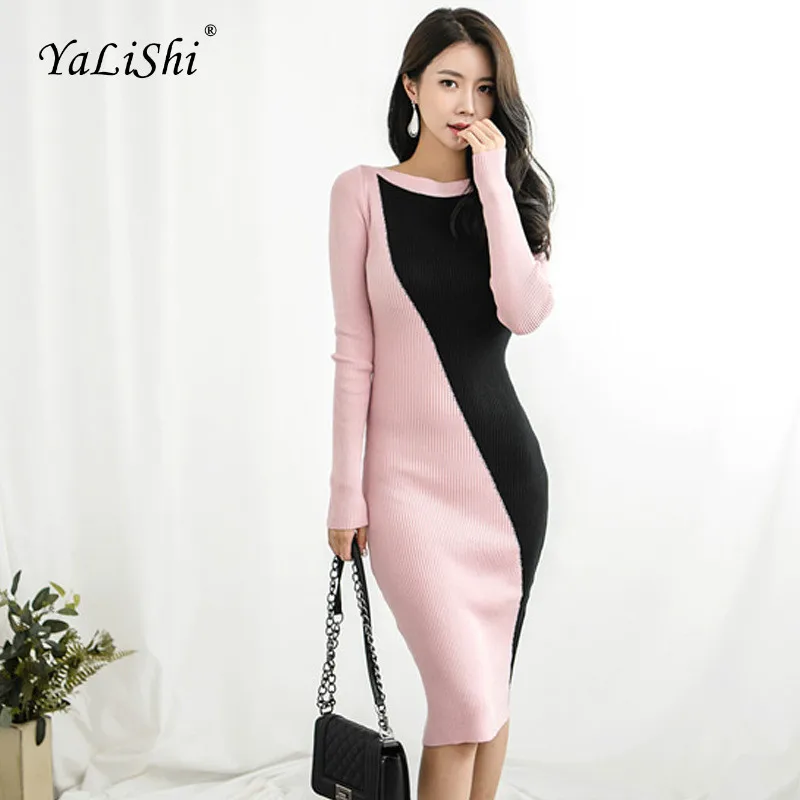 

Women Patchwork Pencil Dress 2018 Autumn Pink Full Sleeve O-neck Knee-length Modis Casual Knitting Dress Korean Office Dresses