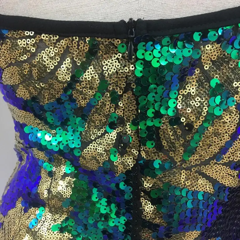 Novelty arrival high fashion festive dress female gold v-neck sleeveless sequins Autumn Green backless mini | Женская одежда
