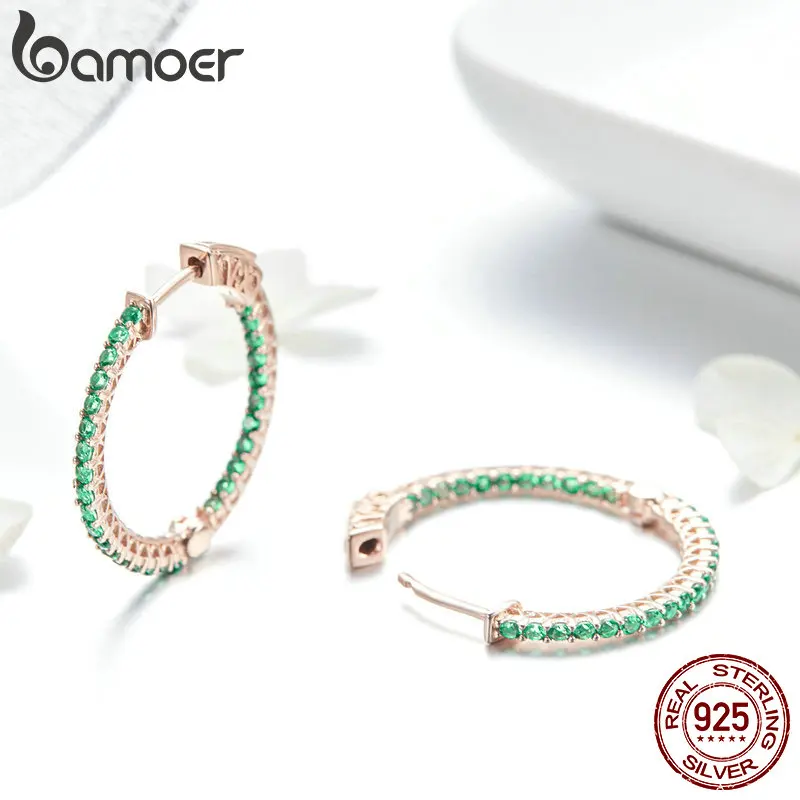 Женские серьги гвоздики BAMOER классические круглые из серебра 925 пробы с зеленым