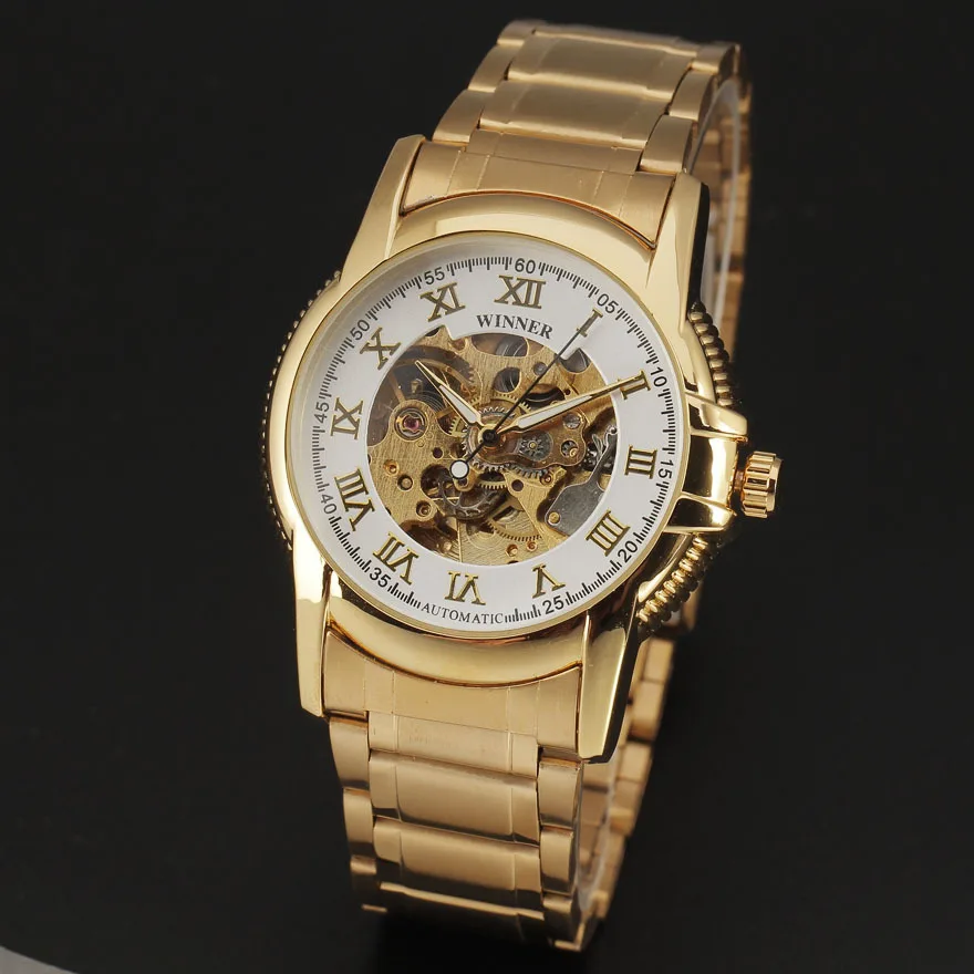 Роскошные часы Winner королевские с резьбой черные золотые каркасом Orologi Uomo Uhren