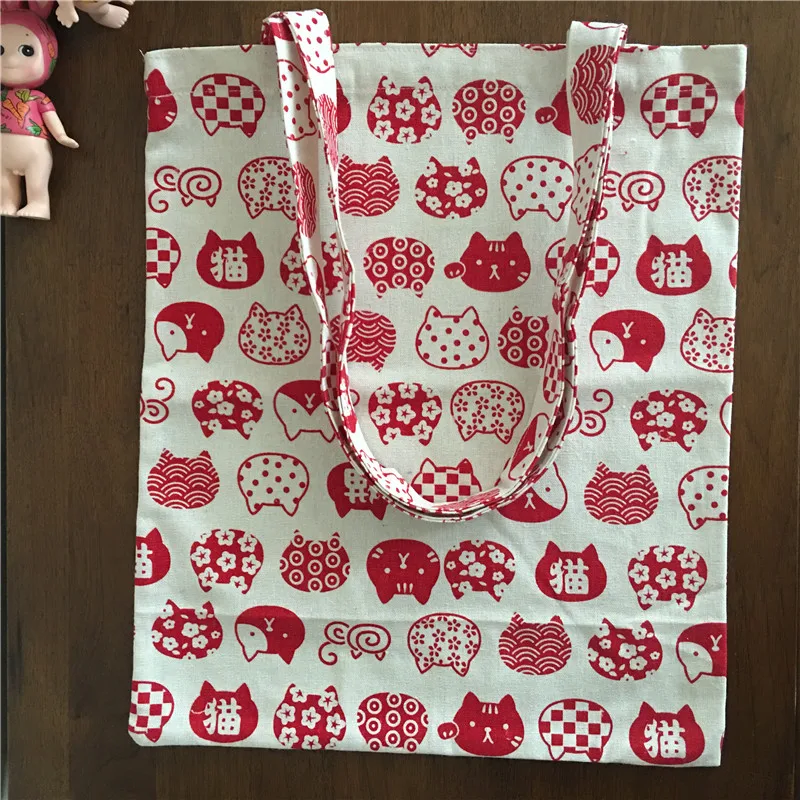 

YILE Cotton Linen Eco Shopping Tote Shoulder Bag Print Red Cat Head 605-2