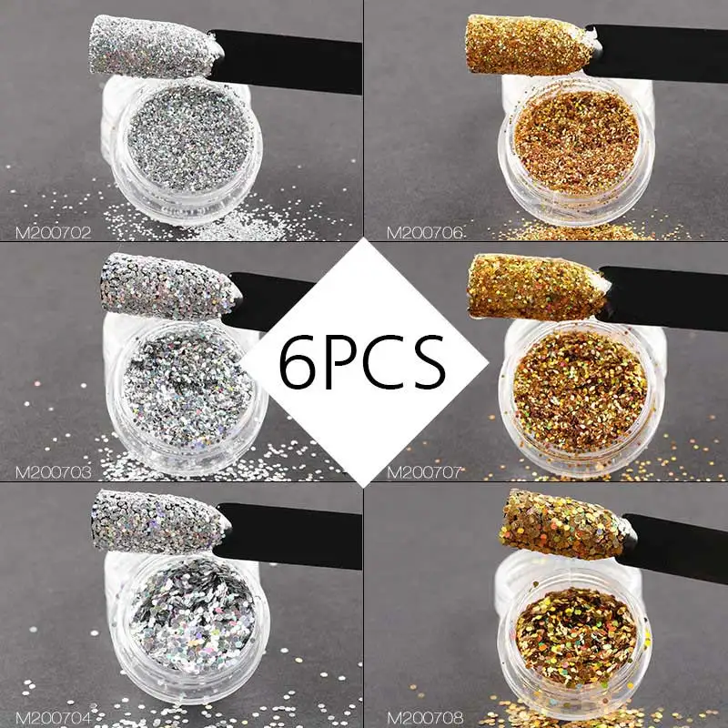 6PCS-02 ROSALIND аксессуары для ногтей гель голографический лак хром пигмент светящаяся пудра с пайетками Блеск Маникюр блесток набор - Цвет: 6PCS-02
