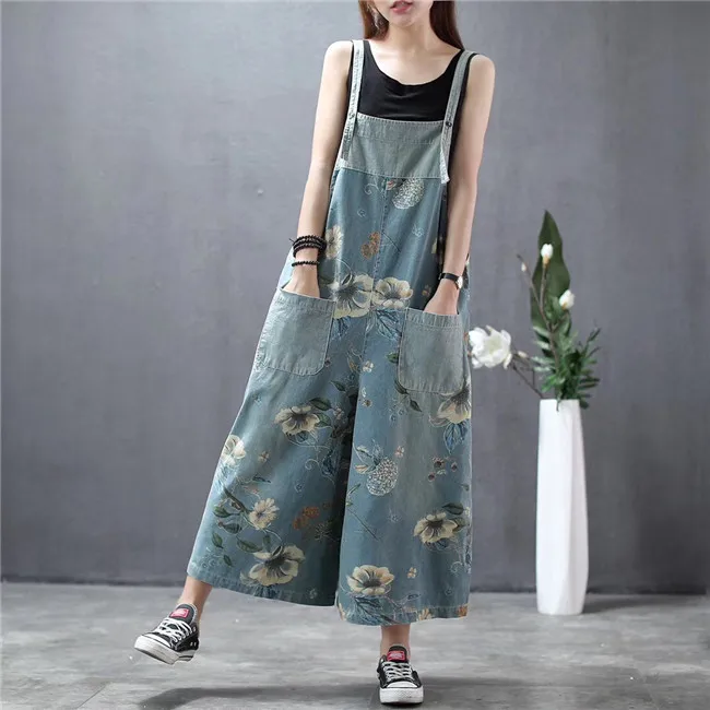 

Spring summer loose big code printed denim overalls straight wide-legged pants washed patch pocket women jumpsuits women
