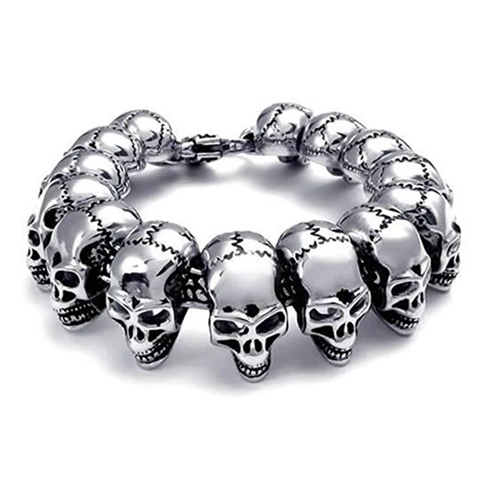 

24mm Huge Heavy Silver Color 316L Stainless Steel Men's Skeleton Skull Bracelet Ghost Punk Rock Biker Bracelets Bangle Jewerly