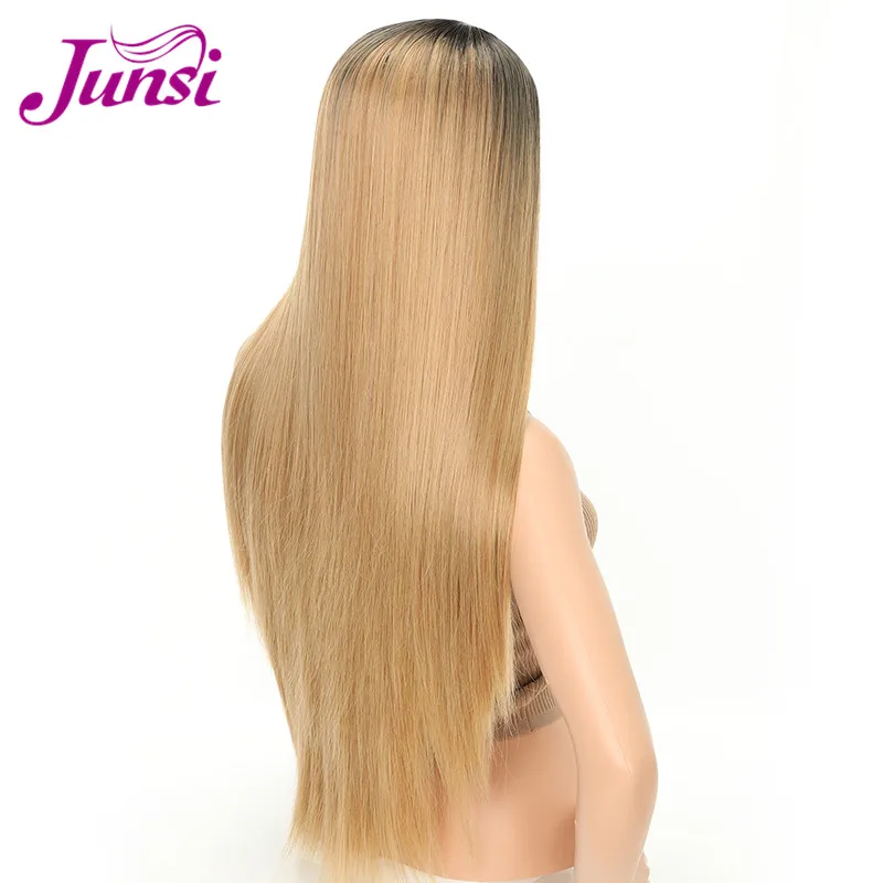 JUNSI Ombre золотые парики длинные темные корни розовые прямые волосы для женщин синтетические волосы высокотемпературные волокна волос
