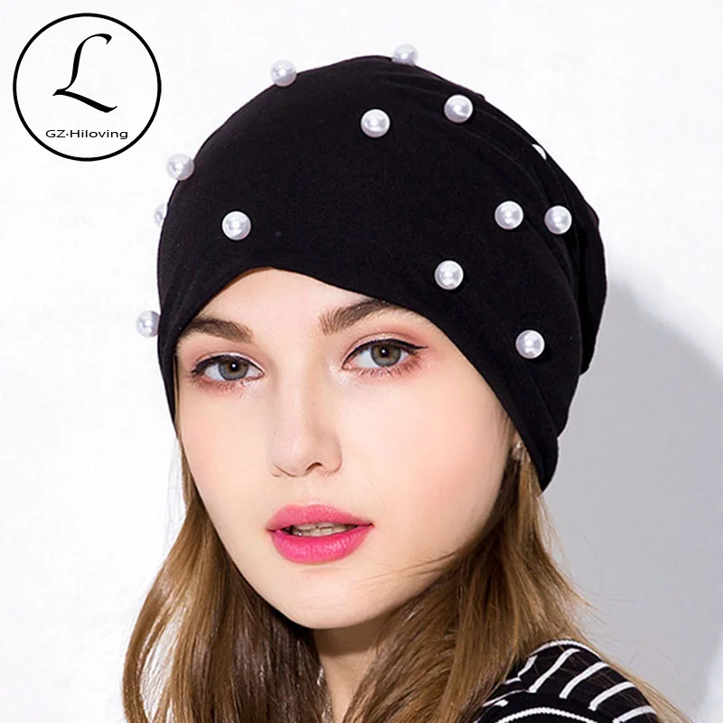 

GZhilovingl New Womens Beanies Hats Cotton With Pearls Autumn Winter Soft Solid Ployester Slouch Skullies Hats For Ladies Girls