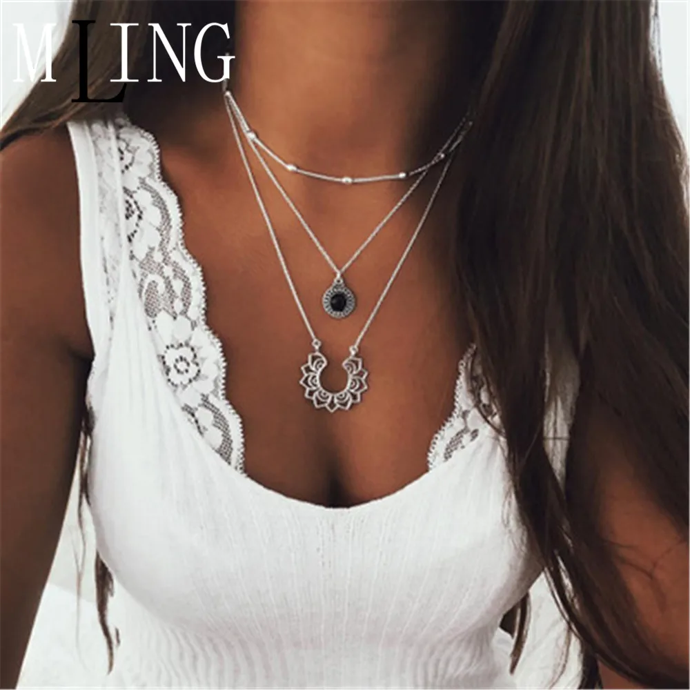 MLING 2019 винтажное ожерелье лотос черный натуральный камень многослойное чокер для