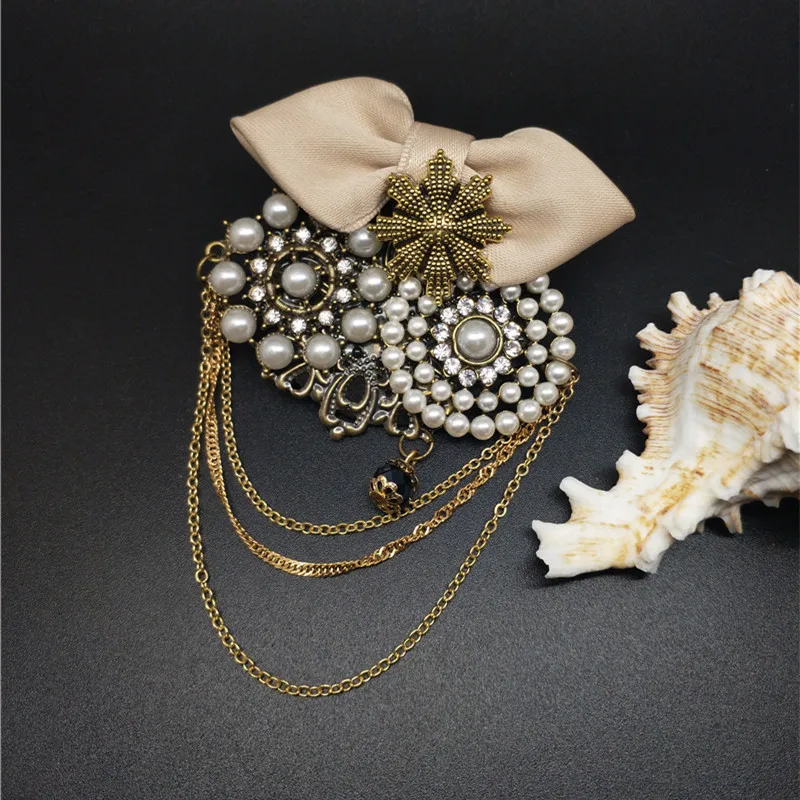 Женский бежевый черный Ткань бантом цепочка кисточка Брошь для женщин античная