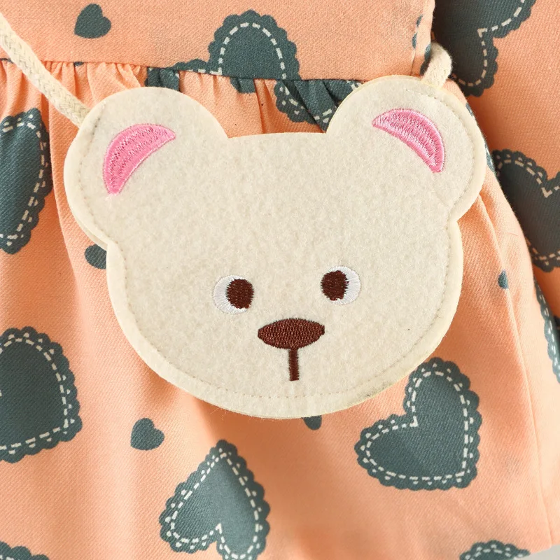 

2017 New baby Girl Cute Fashion Printed Long Sleeved Cotton Dress with Bear Bag,Infant Girls Princess Dresses Clothes
