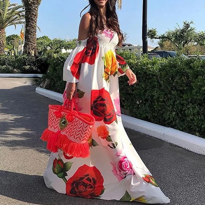 Женское платье с цветочным принтом Boho повседневное пляжное винтажное в пол