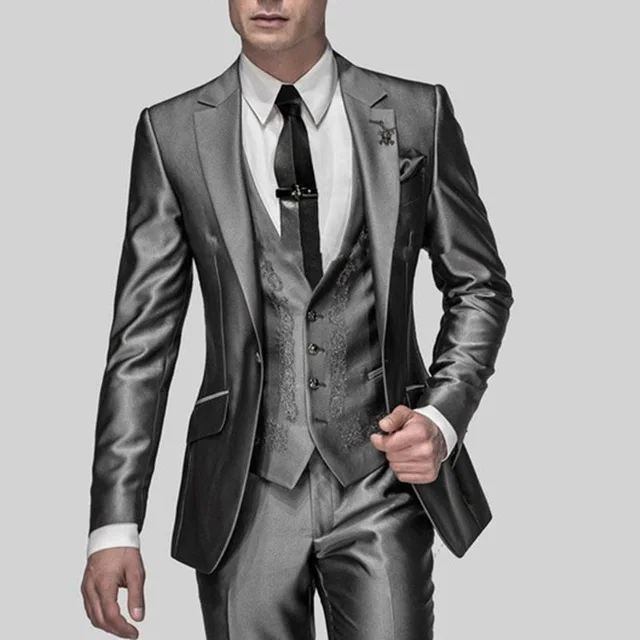 Grey Silver Mens Suits Wedding Suits for Groom Tuxedos(Jacket+Pants+Vest) Three Pieces Groomsmen Suits Regular Big Sizes