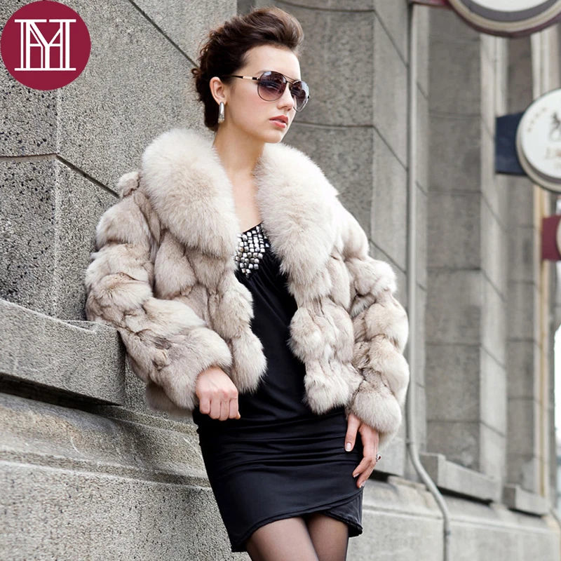 Зимнее женское пальто из натурального Лисьего меха большой воротник лисьего