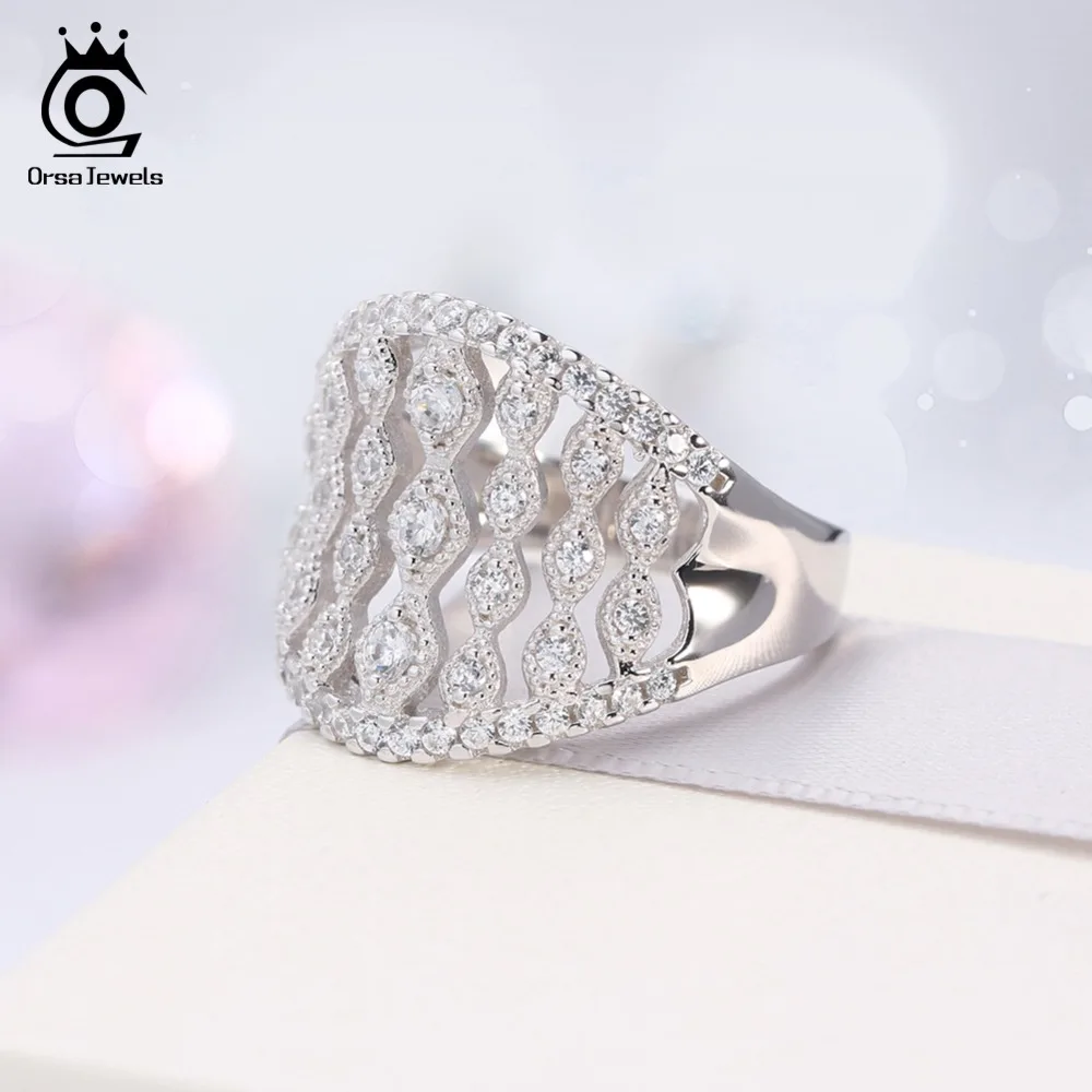 ORSA JEWELS женские кольца с полым покрытием серебристый цвет прозрачный AAA кубический циркон женские кольца Свадебные украшения уникальный подарок AAOR88
