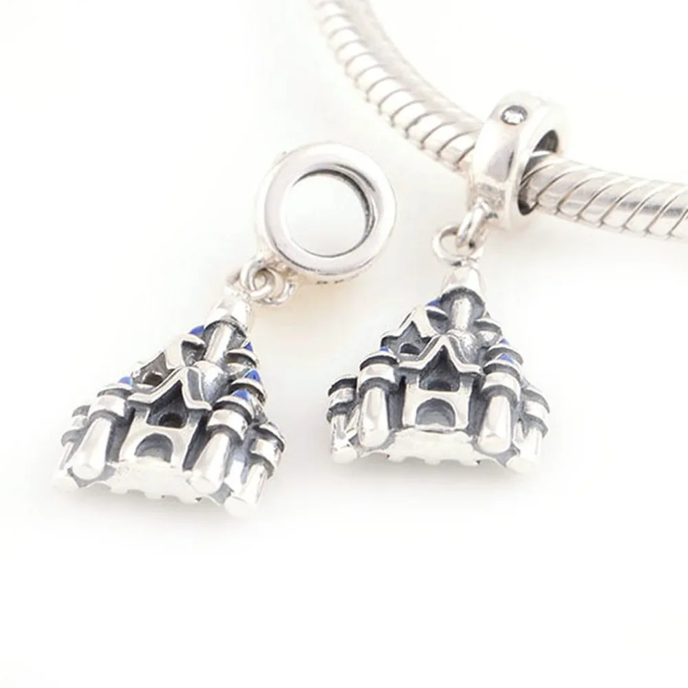 Серебряный подвесной шарм "Замок из голубой эмали" 925 Sterling Charms для женских браслетов DIY подходит для оригинальных чармов браслетов.