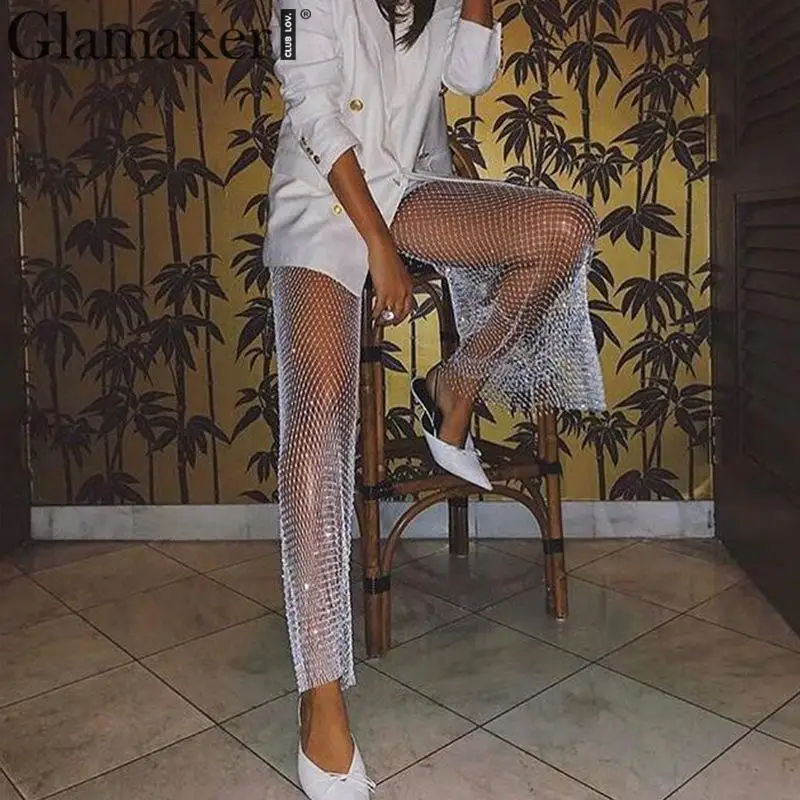Белый Glamaker, стразы, бодикон, свободные, сексуальные штаны для женщин, высокая талия, черные штаны, брюки, вечерние, Клубная одежда, уличная одежда, прозрачные низ - Цвет: Белый