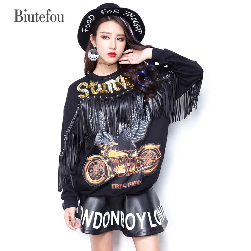 Весна 2017 г. Новое поступление Женская мода кисточкой Кофты Свободные орел печать