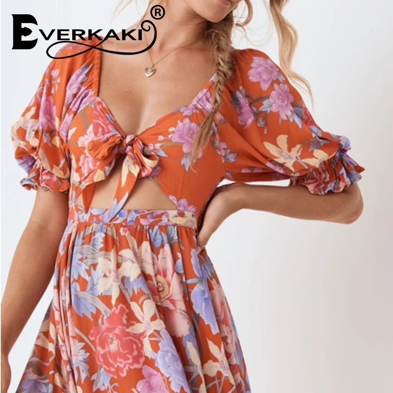 Everkaki винтажные Цветочные пляжные платья блузка мини бохо платье короткий рукав
