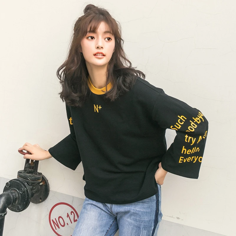 

Новинка, свитер с буквенным принтом, женские осенние толстовки, 2018, повседневные, 95% хлопок, толстовки с расклешенными рукавами, женская одеж...