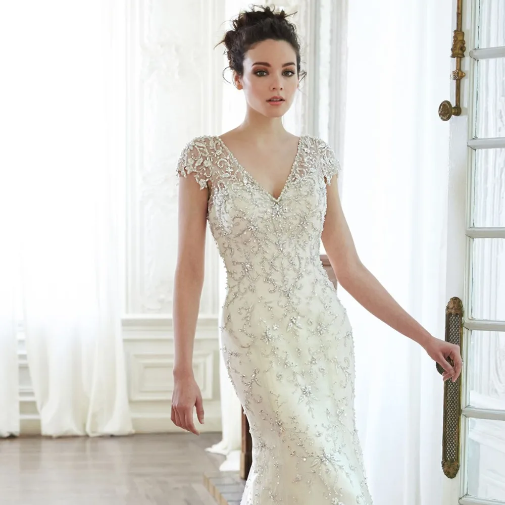 Сексуальный v образным вырезом спинки с коротким рукавом Sereia Vestido Noiva кристалл