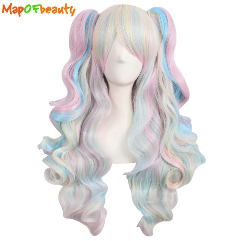 MapofBeauty длинный волнистый фиолетовый парик для косплея розовый Омбре 12 цветов два хвоста синтетические волосы термостойкие парики для женщин